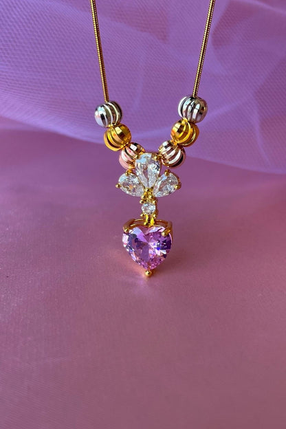 Pembe Kalp Taşlı Boncuklu Çelik Kolye